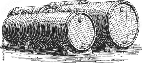 Vintage wooden barrels illustration old oak casks for aging wine or whiskey rustic aging containers hand drawn sketch