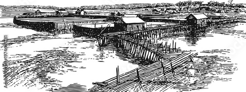 Traditional fishing village with wooden huts on stilts over water, calm river landscape in black ink drawing