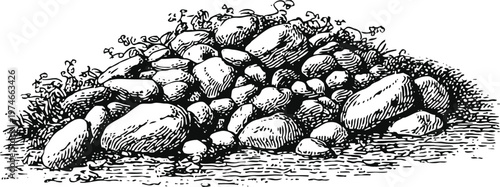 Hand drawn vintage illustration of a large pile of various sizes stones with grass and small plants around