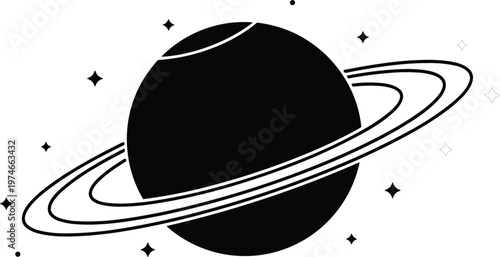 Black and White Saturn Planet with Rings and Stars Vector Illustration for Space, Astronomy, and Science Designs