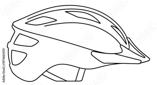 Line drawing of a modern mountain biking helmet side profile view