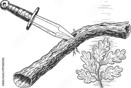 Knife stabbing a wooden branch with oak leaves vintage engraving illustration of blade and tree twig