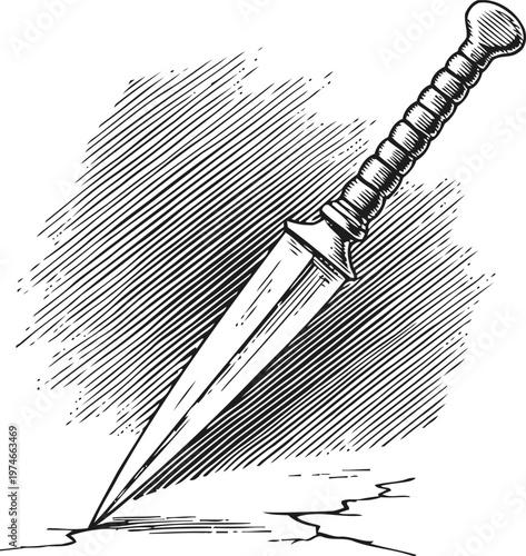 Ancient dagger stabbed into cracked ground vintage weapon with detailed handle and blade engraving