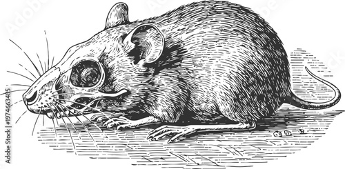 vintage engraving of a mouse partially showing skeletal structure, detailed animal illustration