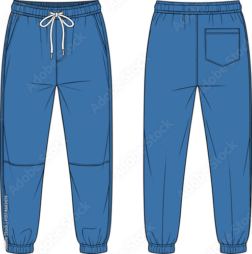 Blue Sweatpants Technical Fashion Flat Sketch Featuring Front and Back View with Drawstring Elastic Waistband Pockets and Ribbed Cuffs Apparel Design Vector Illustration