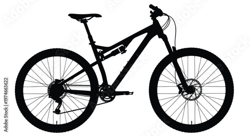 Silhouette of a full suspension mountain bike against a white background