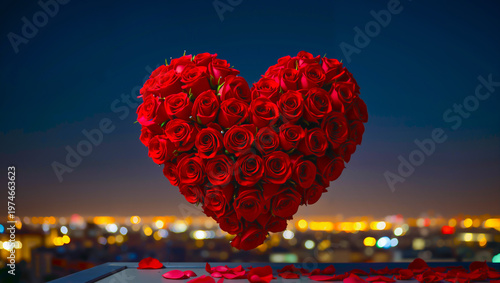 Heart-shaped arrangement of red roses on city rooftop at night  