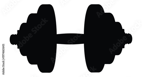 A black silhouette of a standard dumbbell isolated on a white background