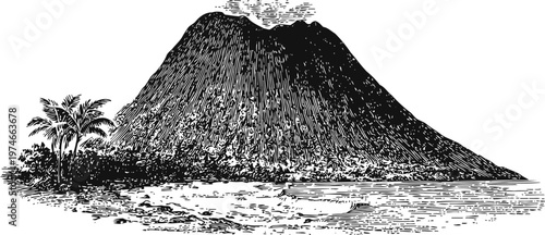 volcano mountain landscape with tropical palm trees and rocky shoreline vintage engraving
