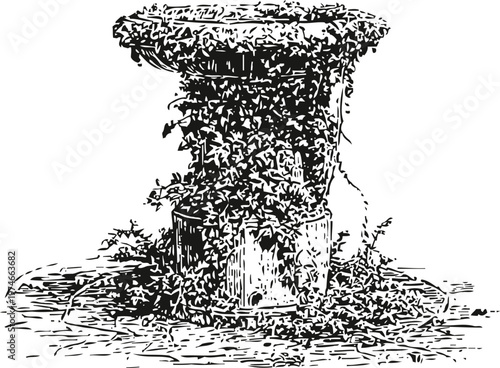 Old stone pillar covered with dense creeping ivy and foliage vintage engraving illustration