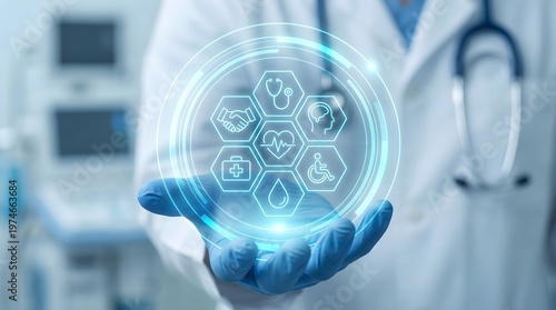 Doctor Holding Virtual Medical Interface with Digital Health Icons and Network Connections Representing Smart Healthcare Systems, Telemedicine Innovation and Advanced Clinical Technology