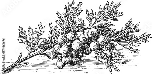 Illustration of juniper branch with berries and needles, vintage hand drawn botanical sketch