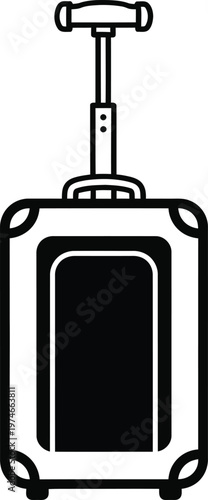 A black and white line art icon of a rolling suitcase with a telescopic handle