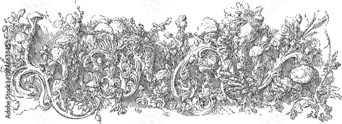 intricate floral ornament illustration with twisting vines and blooming flowers in vintage