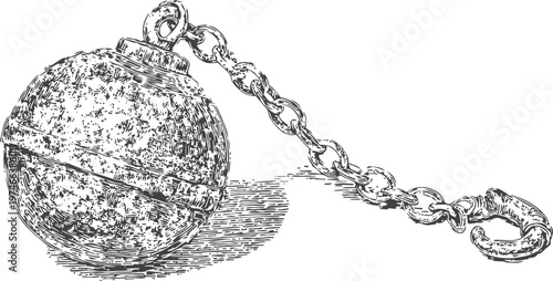 Vintage iron ball and chain with hook, old prison restraint, detailed hand drawn illustration