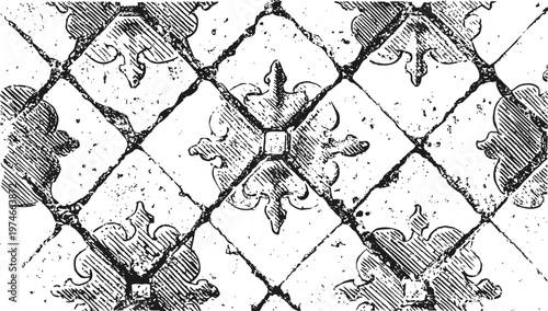 Vintage ornamental tile pattern with fleur de lis design in black and white