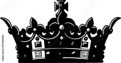 Black vintage crown silhouette with ornate decorations and cross on top, royal luxury symbol illustration