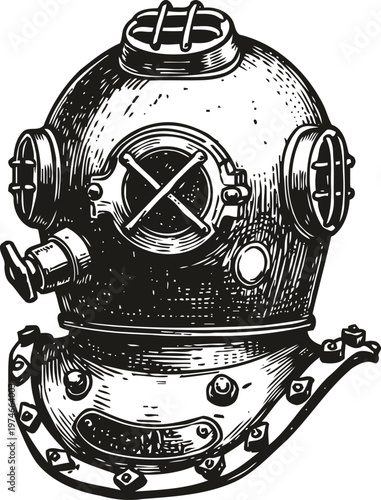 Vintage deep sea diving helmet illustration antique underwater helmet design with rivets and window