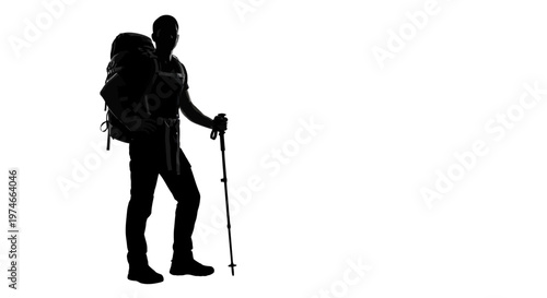 Silhouette of Hiker with Backpack and Trekking Poles on White Background