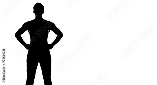 Silhouette of muscular man with hands on hips, confident pose, isolated on white background