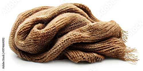 A cozy, chunky knit scarf is draped loosely on a white background.