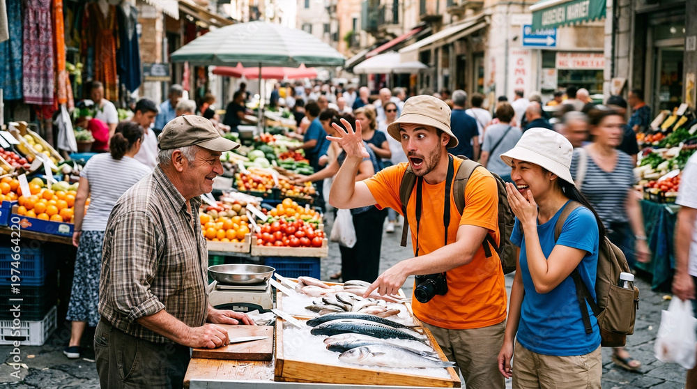 Obraz premium Happy young tourist couple interacting with a local vendor at an authentic outdoor fish market during their travels.
