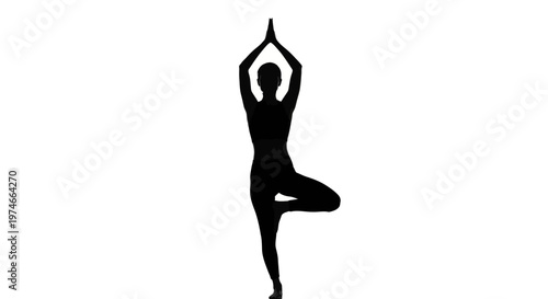 Silhouette of Woman in Tree Pose (Vrksasana) on White Background