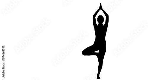 Silhouette of Woman in Tree Pose (Vrksasana) Yoga, Black on White Background