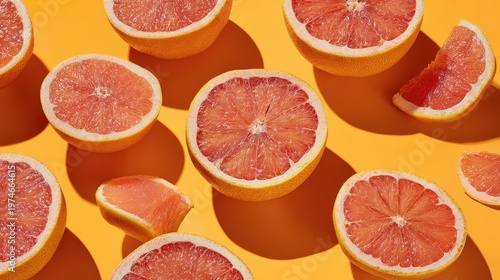 Halved grapefruits are arranged in a flat lay pattern on a bright yellow background.
