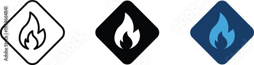 Minimalist fire flame icon set, flat vector bonfire symbols in diamond frames, industrial heat and flammable warning signs for safety UI design