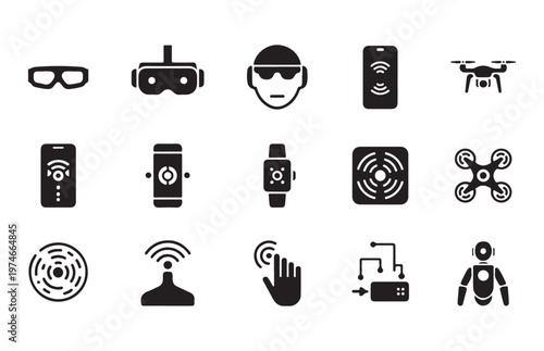 Set of sixteen black silhouette gun icons on white background for security graphic elements design.