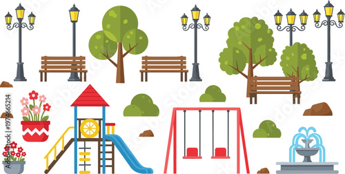 Park Playground and Garden Vector Set Featuring Swings, Fountain, Benches, Trees, and Street Lamps for Outdoor Designs