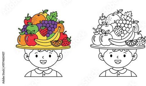 Cartoon boy balancing a tray of various fruits including apples, bananas, and grapes with a black and white line art version for kids coloring book illustration.
