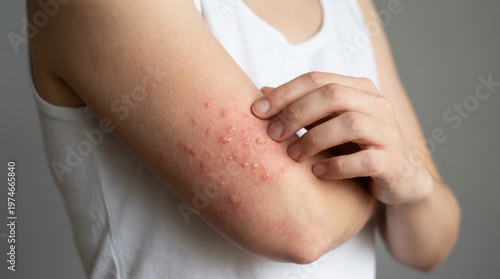 Skin Condition: A close-up view shows a person's arm afflicted with an irritating skin condition, the redness and bumps highlighting the discomfort and struggle.