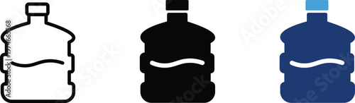 Water cooler bottle icon set, large plastic gallon jug vector illustrations, blue and black liquid container symbols for office hydration