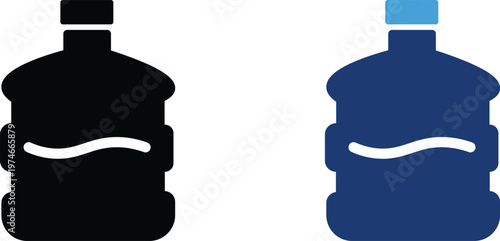 Water cooler bottle icons set, blue and black plastic gallon jugs for office dispenser, liquid container vector illustration for delivery service