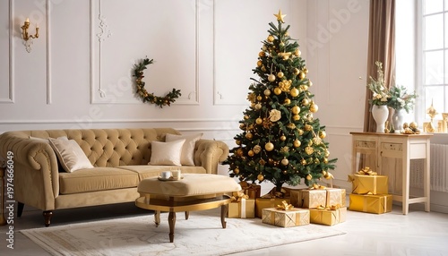 Festive living room elegant sofa, decorated Christmas tree, & golden gifts create warm holiday ambiance in a bright space