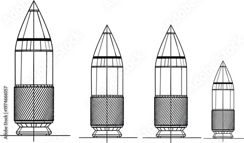 Schematic illustration of various caliber cartridges and bullets