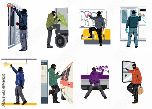 Collection of illustrations featuring graffiti artists in masks tagging subway trains, trucks, and city transport in an urban street art style.