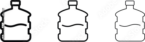 Minimalist water cooler bottle icons, set of 3 gallon jug vector illustrations, black outline plastic water container symbols for delivery service