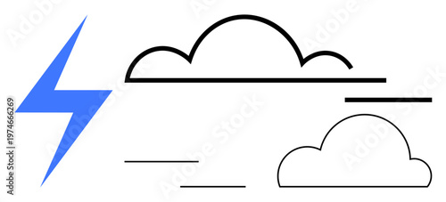 Weather forecasting, climate monitoring, meteorology, energy concepts, storm warnings, nature. Bold lightning bolt with stylized clouds in a minimal design. Weather forecasting and energy concepts