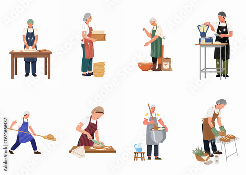 Illustration set showing professional bakers and pastry chefs in various stages of bread production, including kneading, baking, weighing, and slicing loaves.