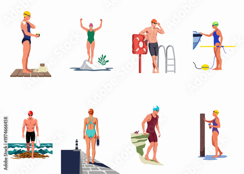 Set of vector illustrations featuring diverse swimmers in various aquatic environments, including pools, beaches, and docks, showcasing swimming gear and athletic poses.