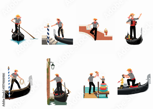 A collection of illustrations featuring a Venetian gondolier in various poses and scenes, showcasing traditional life and tourism in Venice, Italy.
