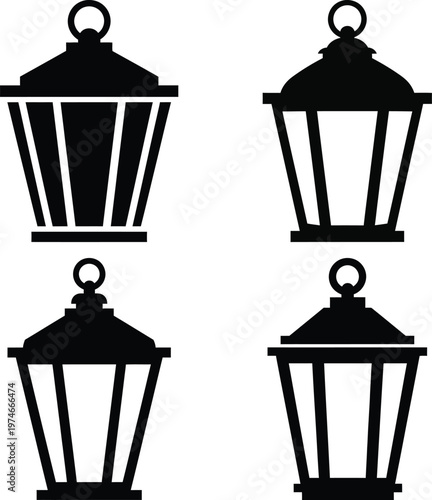 Four black lantern on white background lamp outdoor lighting black silhouette light fixture