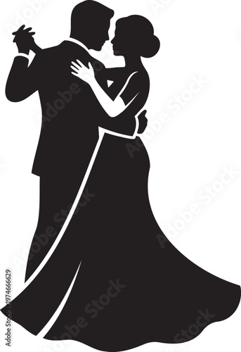 Elegant couple dancing ballroom waltz or wedding dance in formal attire simple flat black silhouette vector illustration isolated on white background for romantic event marriage party and celebration 
