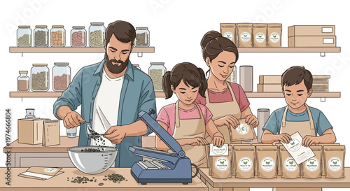 Family preparing food together in a kitchen setting.