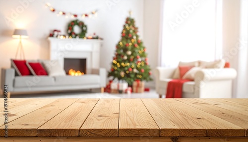 Festive living room with Christmas tree, fireplace, sofa, armchair, and wooden table foreground, bathed in soft light