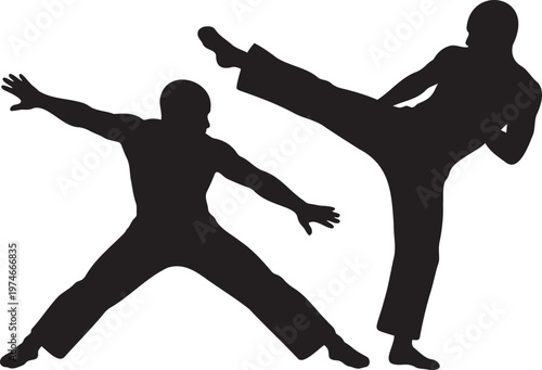 Two men practicing martial arts combat with high kick and defensive stance simple flat black silhouette vector illustration isolated on white background for karate taekwondo sport fitness and training