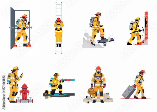 Collection of Firefighter Illustrations Set Showing Emergency Rescue Operations and Firefighting Tasks in Yellow Protective Gear on White Background
